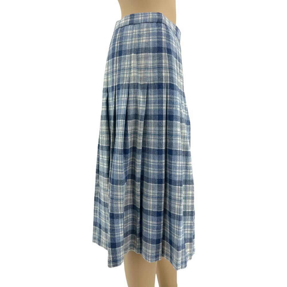 Edinburgh Woollen Mill (8) VINTAGE 70's Blue Tartan Plaid Wool Pleated Skirt - Picture 2 of 9